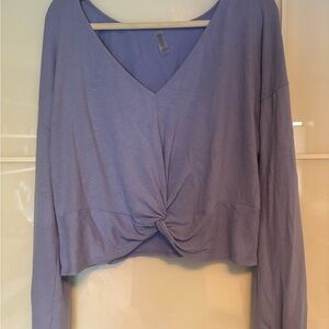 Beyond Yoga Blue Long Sleeve Tie Front Crop Blouse